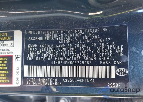 2012 Toyota Camry Le z USA, uszkodzony, nr VIN 4T4BF1FK6CR229187